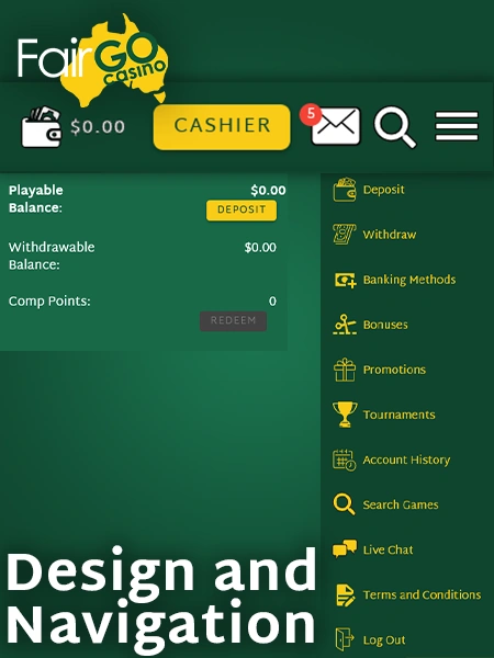 Design and Navigation at Fair GO Casino: top navigation