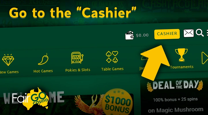 Opening the Cashier section of the Fair Go Casino website to search for promo codes