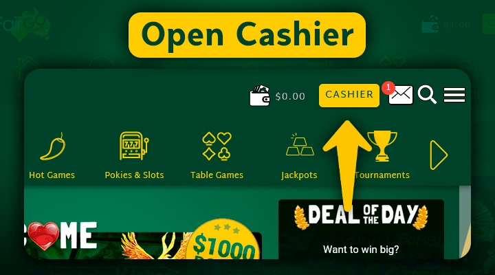 How to open Cashier at Fair Go casino