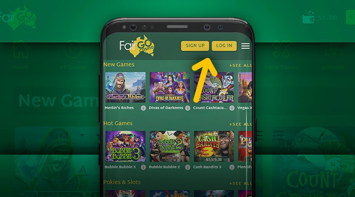 Registration and login buttons on the mobile version of the Fair Go Casino website
