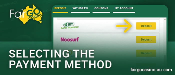 Choose bank transfer method at Fair Go Casino