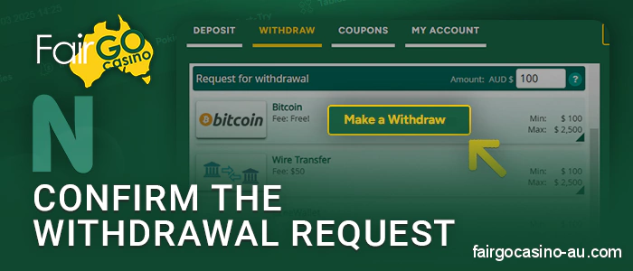 Confirm your winnings withdrawal from Fair Go Casino