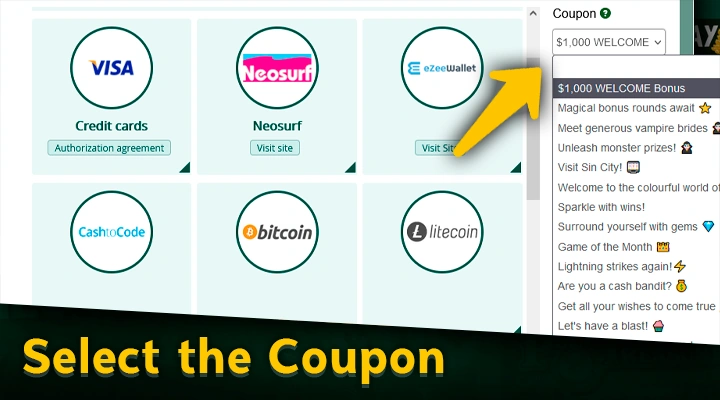 Selecting a bonus coupon at Fair Go Casino