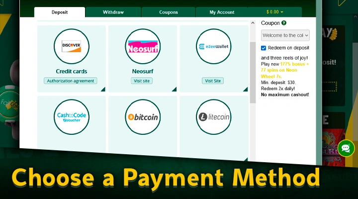 Choice of Fair Go Casino payment system for bonus activation