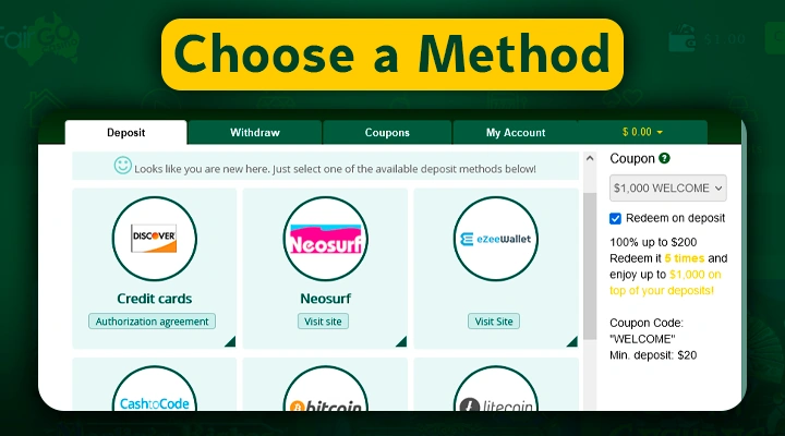 Choice of bonus on deposit and payment system at Fair Go casino before play