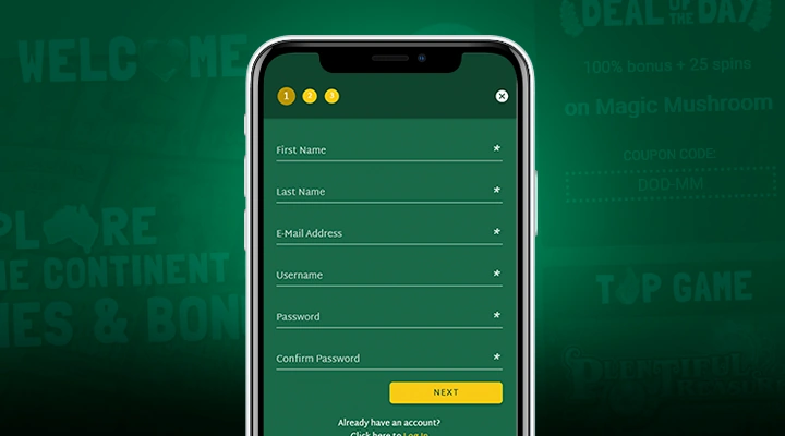 Register an account with your personal information at Fair Go Casino via mobile devices