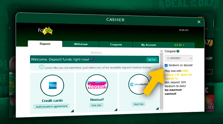Choice of bonus offer and payment system at Fair Go Casino for deposit
