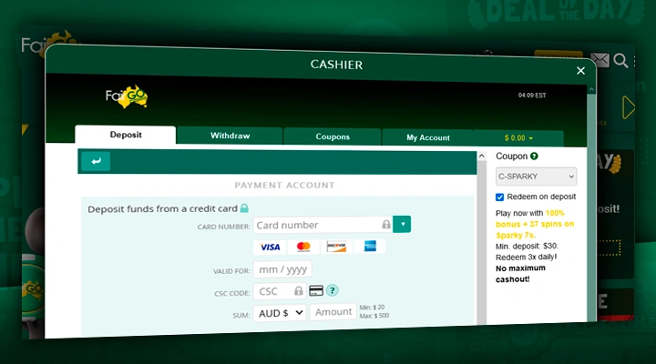 Entering personal data for a deposit to the site Fair Go Casino