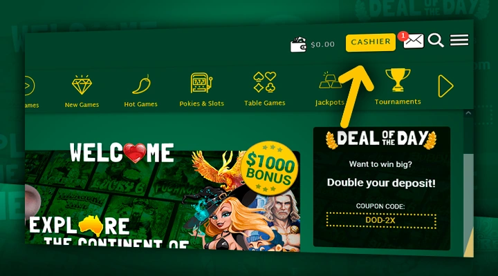 Withdrawing money at Fair Go Casino - open the Cashier section